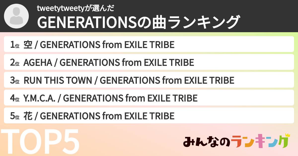 tweetytweetyさんの「GENERATIONSの曲ランキング」