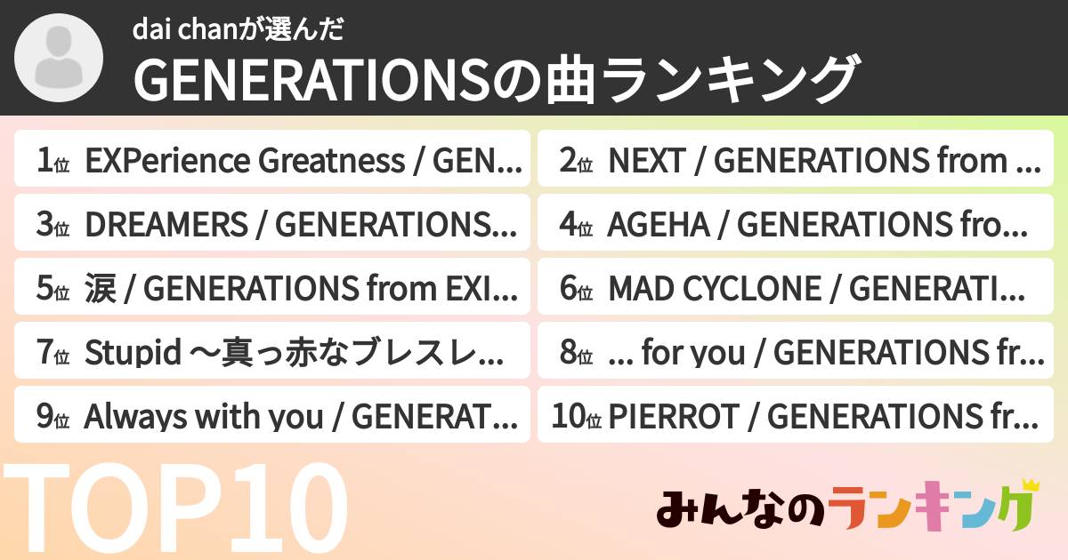 dai chanさんの「GENERATIONSの曲ランキング」