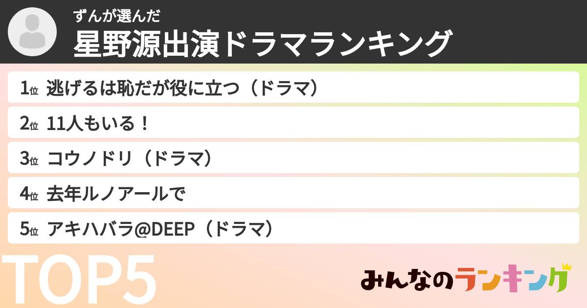 ずんさんの「星野源出演ドラマランキング」