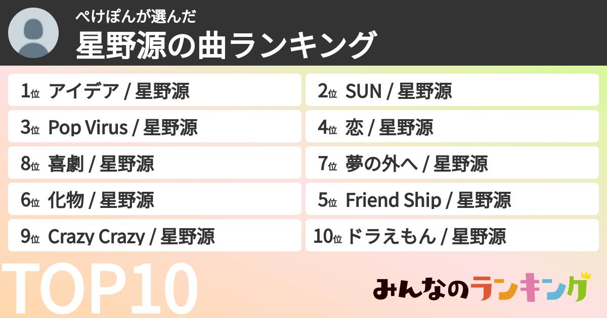 ぺけぽんさんの「星野源の曲ランキング」