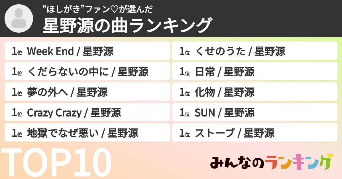 “ほしがき”ファン♡さんの「星野源の曲ランキング」