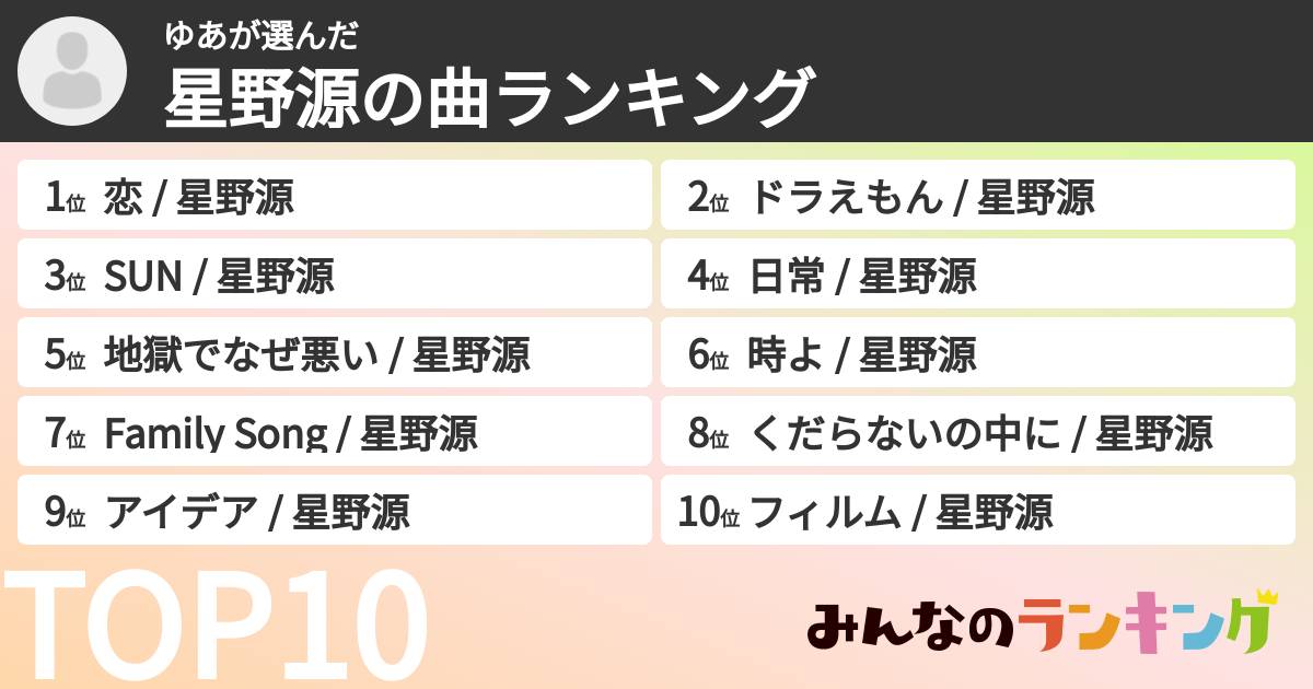 ゆあさんの「星野源の曲ランキング」