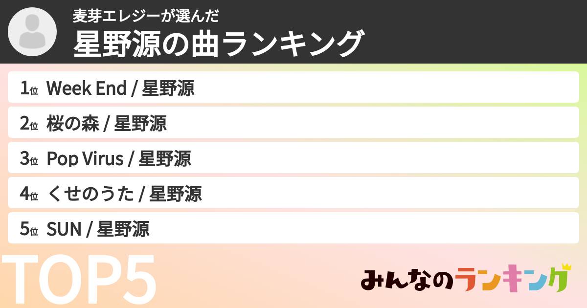 麦芽エレジーさんの「星野源の曲ランキング」