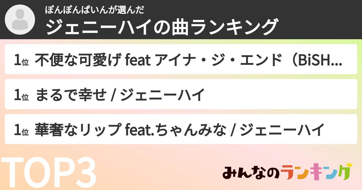ぽんぽんぱいんさんの「ジェニーハイの曲ランキング」