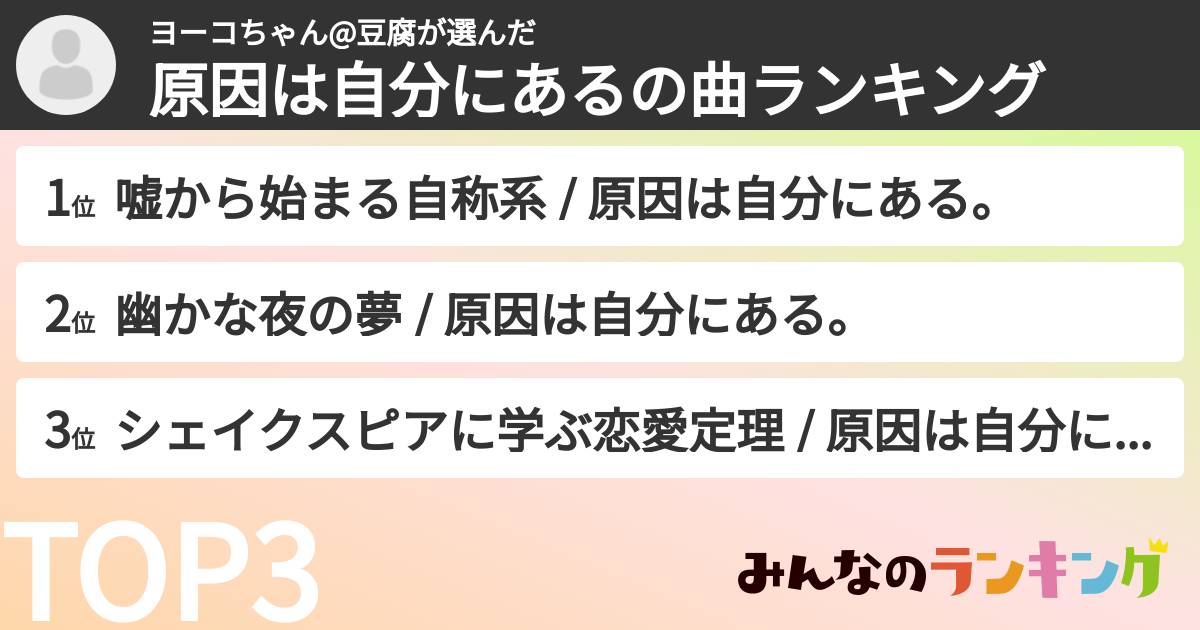ヨーコちゃん@豆腐さんの「原因は自分にあるの曲ランキング」