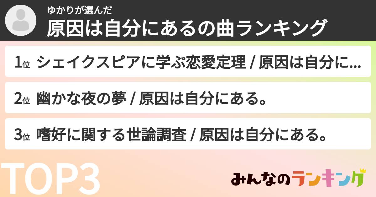 ゆかりさんの「原因は自分にあるの曲ランキング」