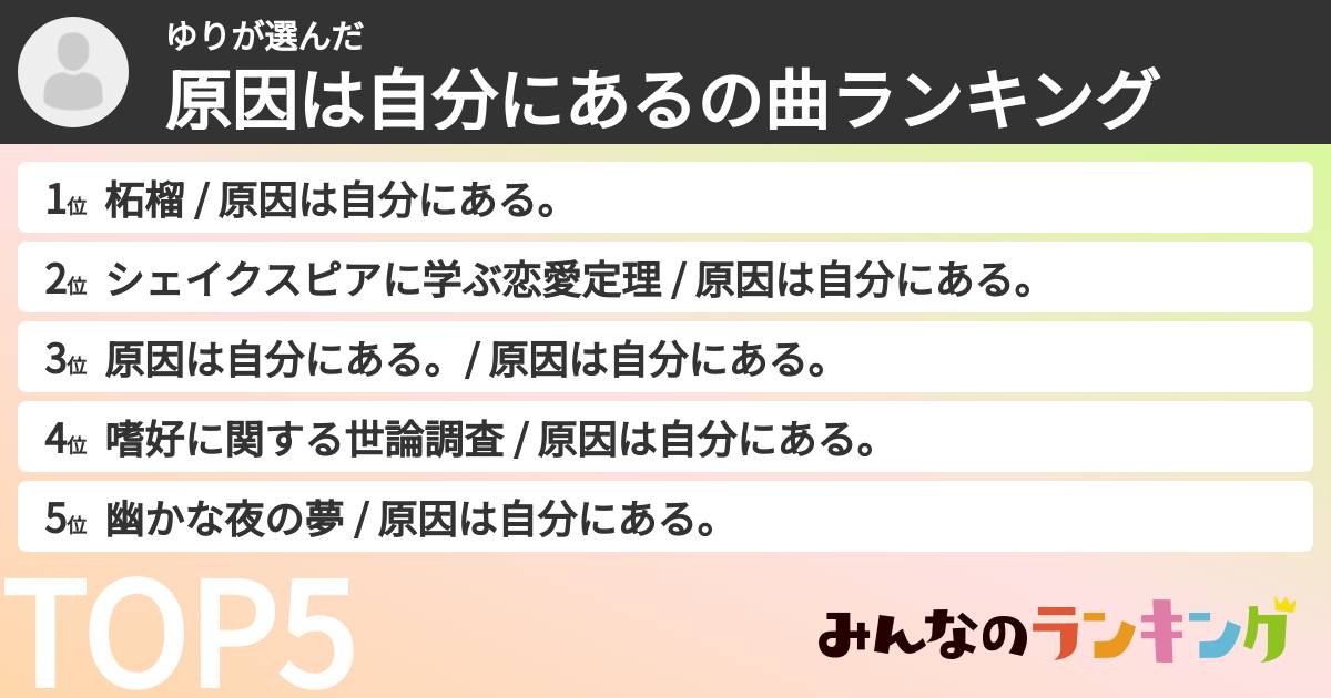 ゆりさんの「原因は自分にあるの曲ランキング」