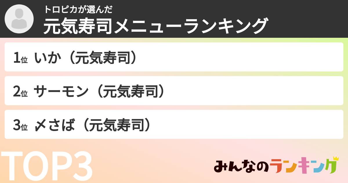 トロピカさんの「元気寿司メニューランキング」