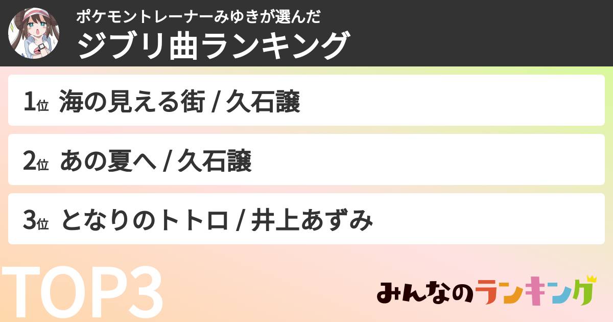 ポケモントレーナーみゆきさんの「ジブリ曲ランキング」