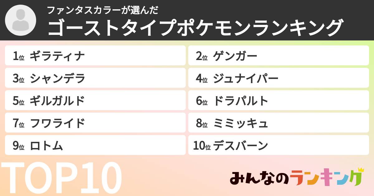 ファンタスカラーさんの「ゴーストタイプポケモンランキング」