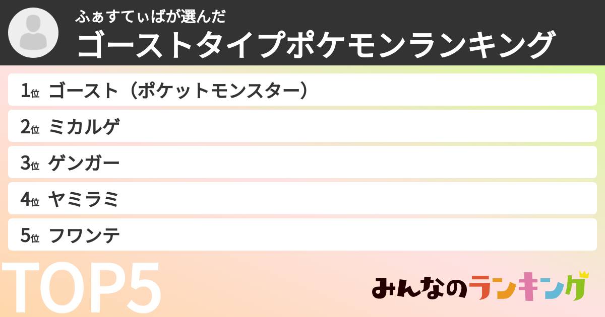 ふぁすてぃばさんの「ゴーストタイプポケモンランキング」