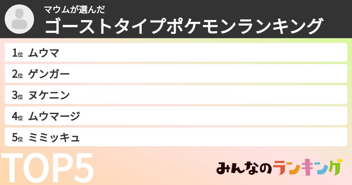 マウムさんの「ゴーストタイプポケモンランキング」