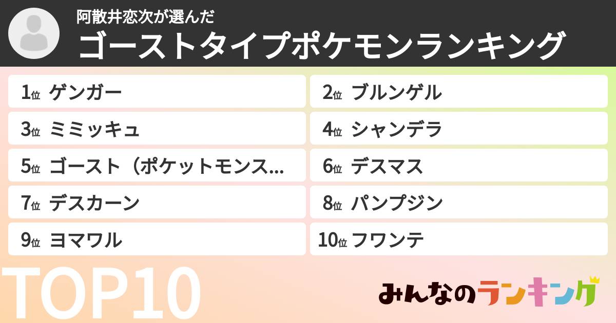 阿散井恋次さんの「ゴーストタイプポケモンランキング」