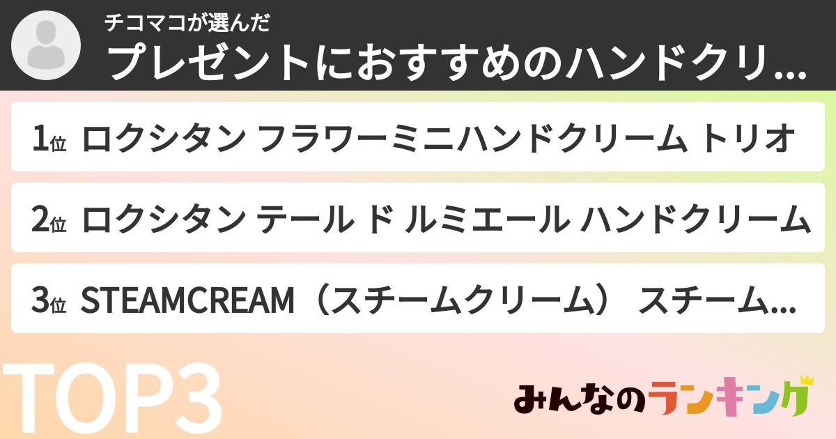 チコマコさんの「プレゼントにおすすめのハンドクリームランキング」