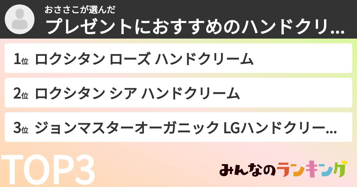おささこさんの「プレゼントにおすすめのハンドクリームランキング」