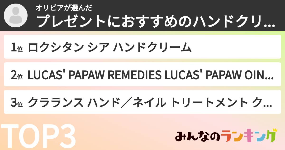 オリビアさんの「プレゼントにおすすめのハンドクリームランキング」