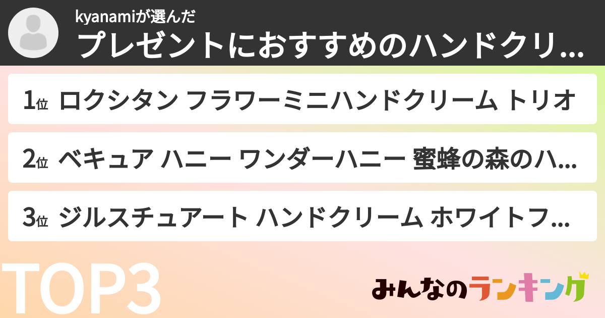 kyanamiさんの「プレゼントにおすすめのハンドクリームランキング」