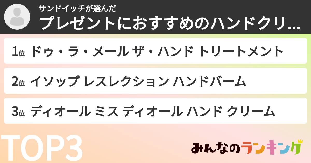 サンドイッチさんの「プレゼントにおすすめのハンドクリームランキング」