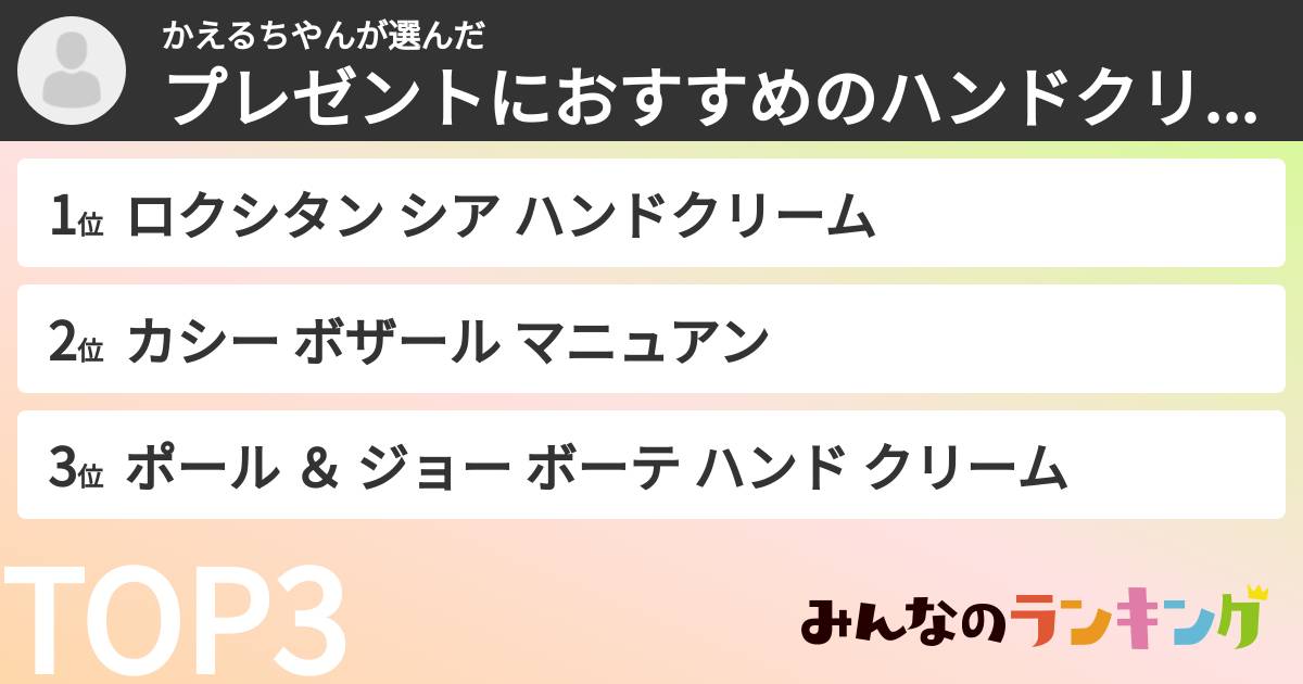 かえるちやんさんの「プレゼントにおすすめのハンドクリームランキング」