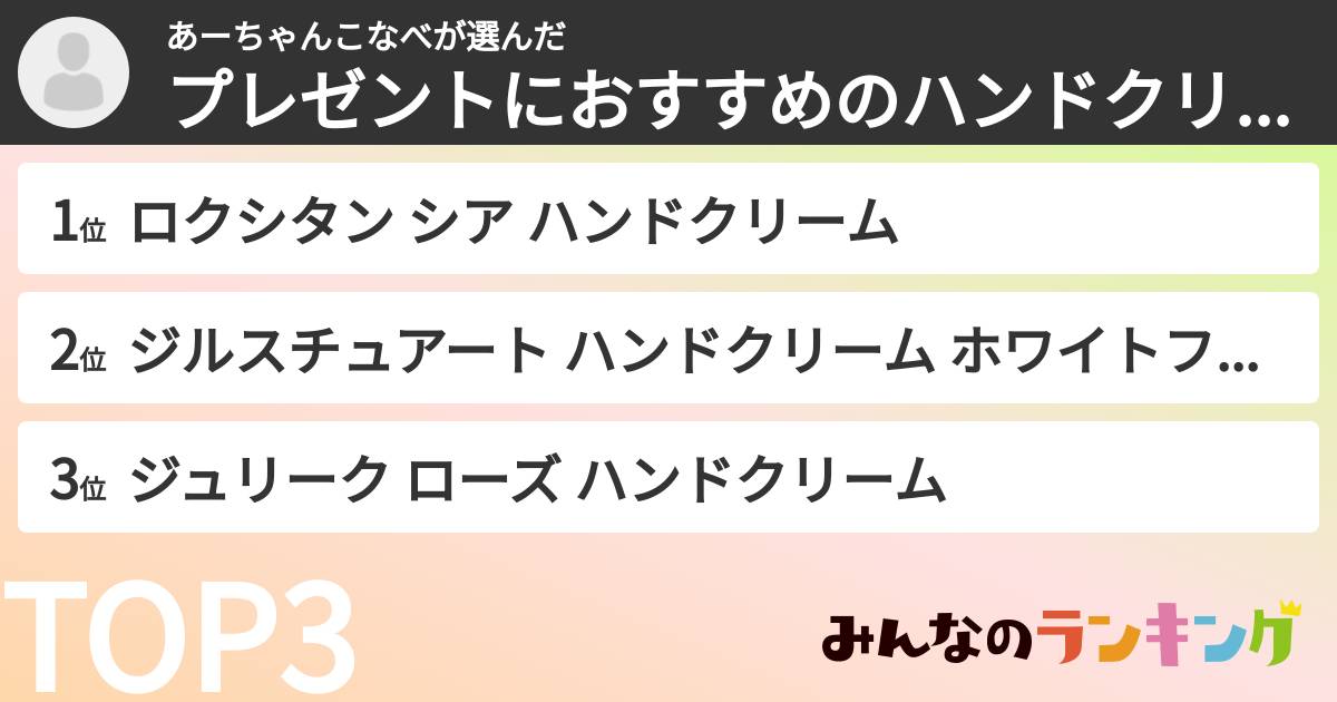 あーちゃんこなべさんの「プレゼントにおすすめのハンドクリームランキング」