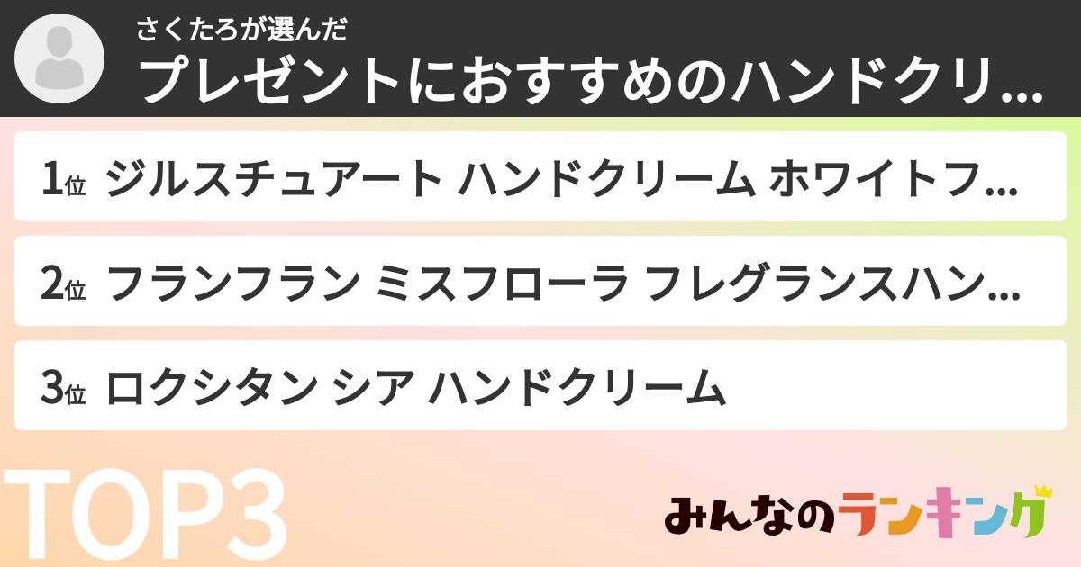 さくたろさんの「プレゼントにおすすめのハンドクリームランキング」