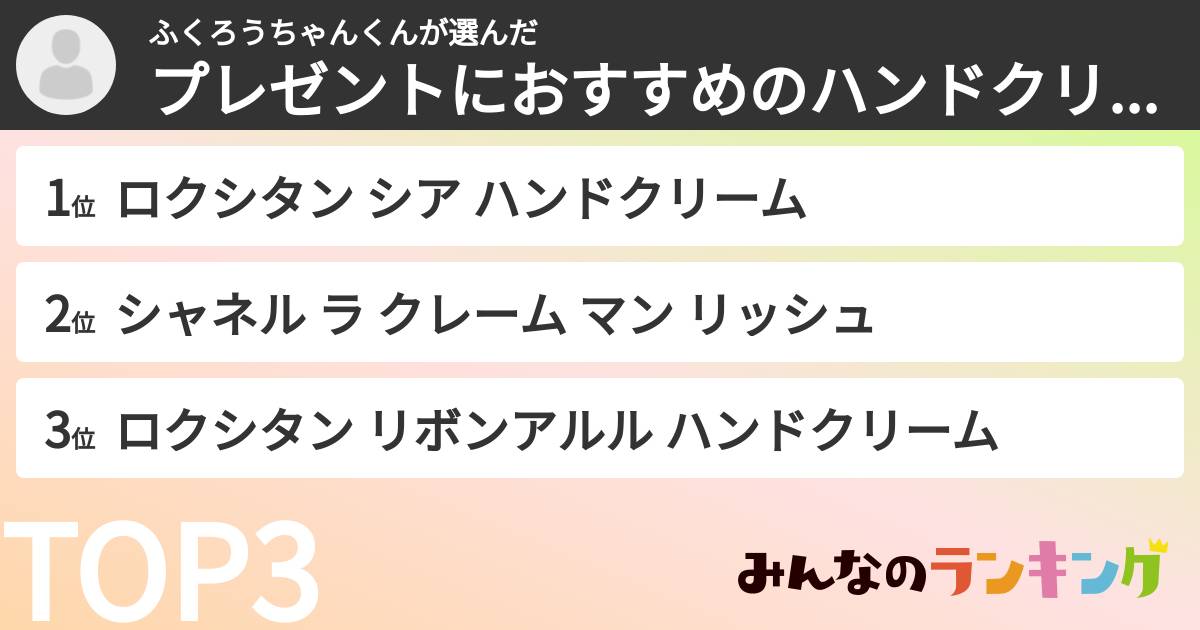ふくろうちゃんくんさんの「プレゼントにおすすめのハンドクリームランキング」