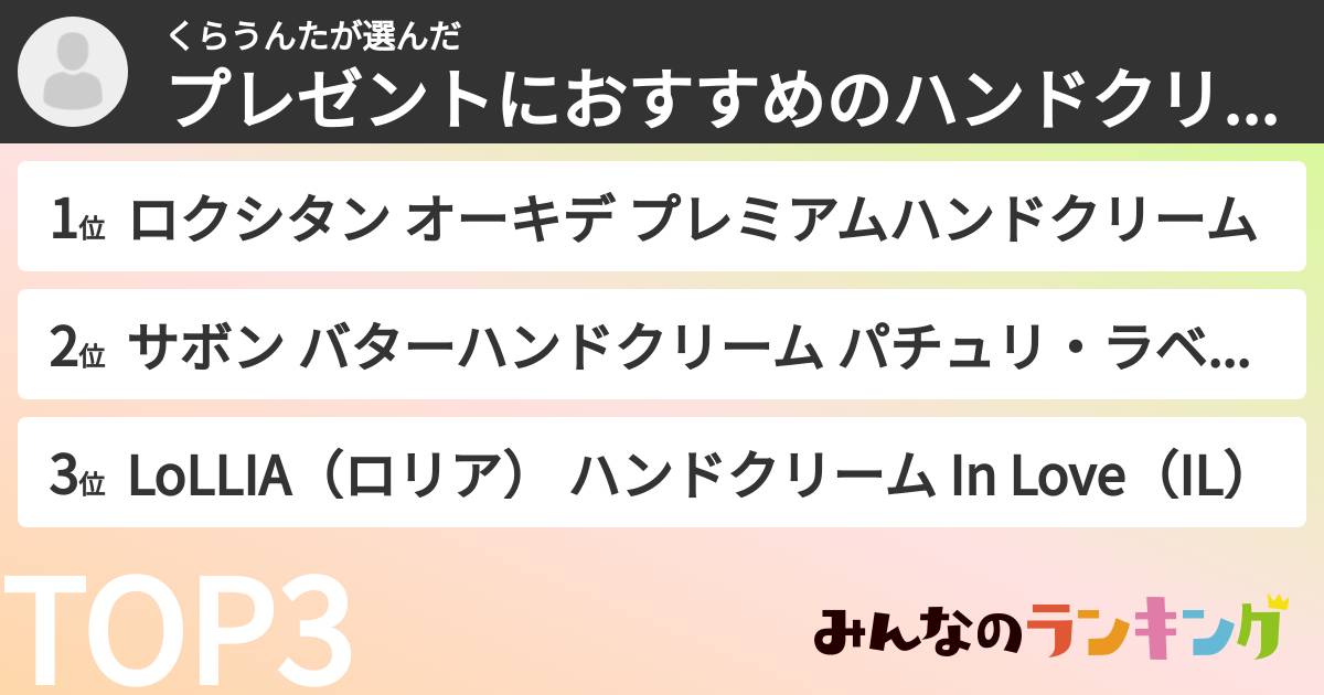 くらうんたさんの「プレゼントにおすすめのハンドクリームランキング」