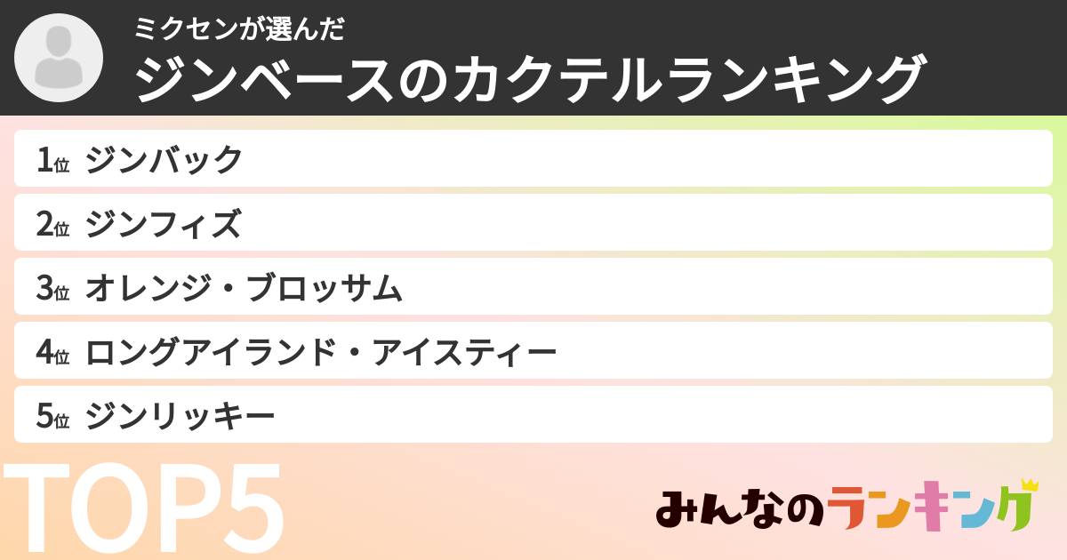 ミクセンさんの「ジンベースのカクテルランキング」