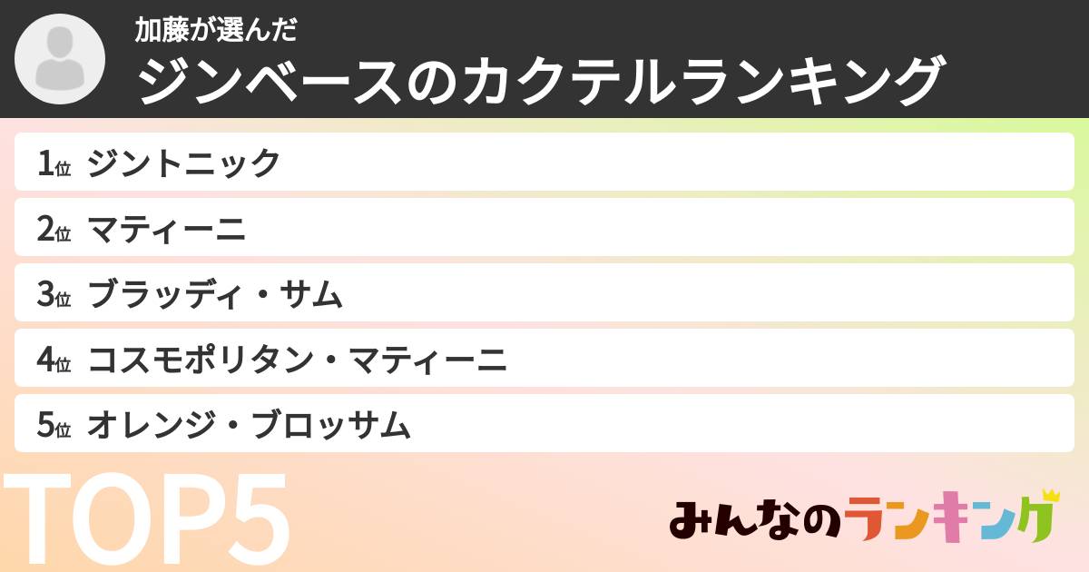 加藤さんの「ジンベースのカクテルランキング」