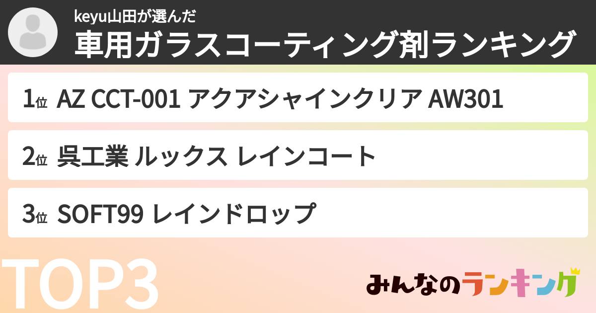 keyu山田さんの「車用ガラスコーティング剤ランキング」