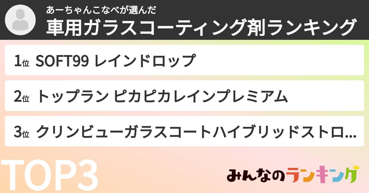 あーちゃんこなべさんの「車用ガラスコーティング剤ランキング」