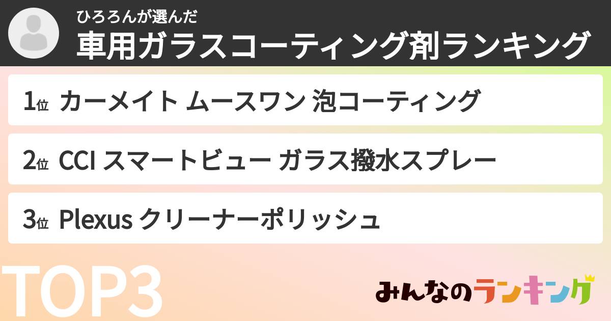 ひろろんさんの「車用ガラスコーティング剤ランキング」