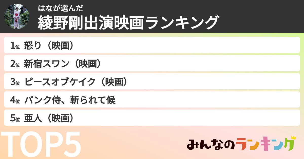 はなさんの「綾野剛出演映画ランキング」