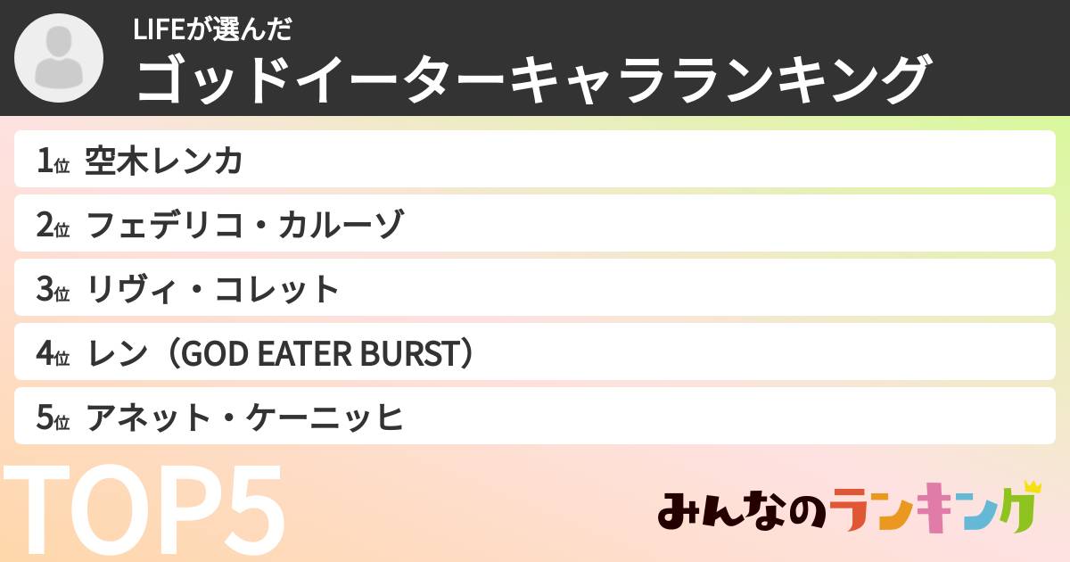 LIFEさんの「ゴッドイーターキャラランキング」