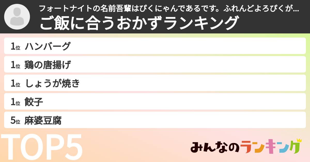 フォートナイトの名前吾輩はぴくにゃんであるです。ふれんどよろぴくさんの「ご飯に合うおかずランキング」