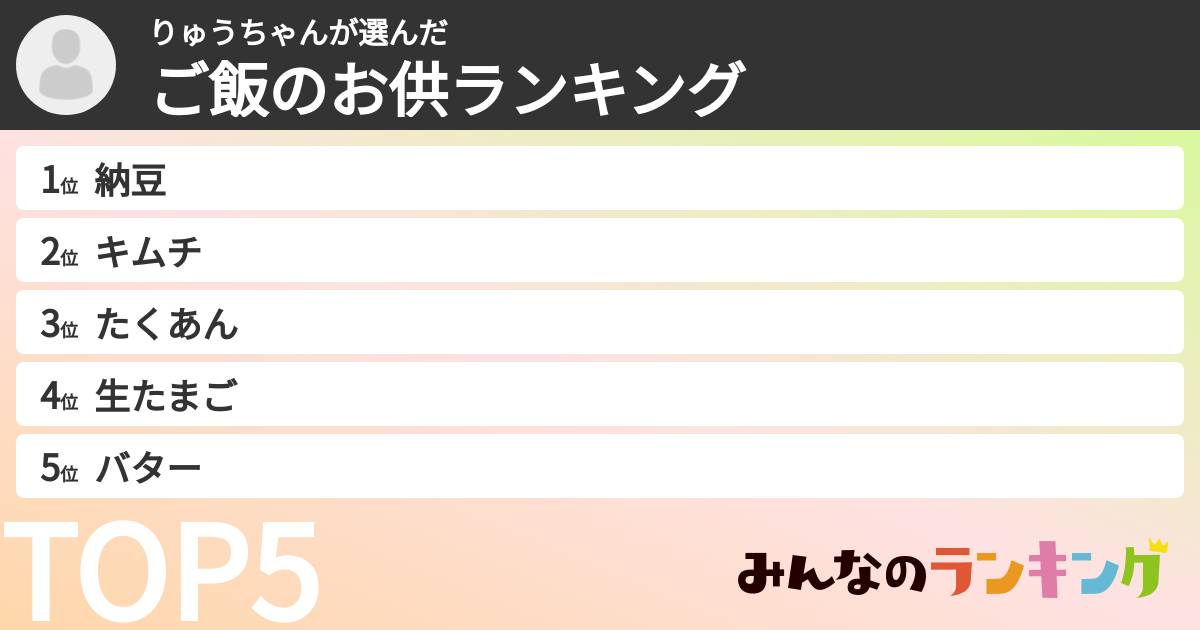 りゅうちゃんさんの「ご飯のお供ランキング」