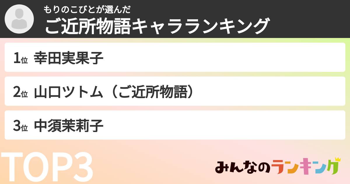 もりのこびとさんの「ご近所物語キャラランキング」