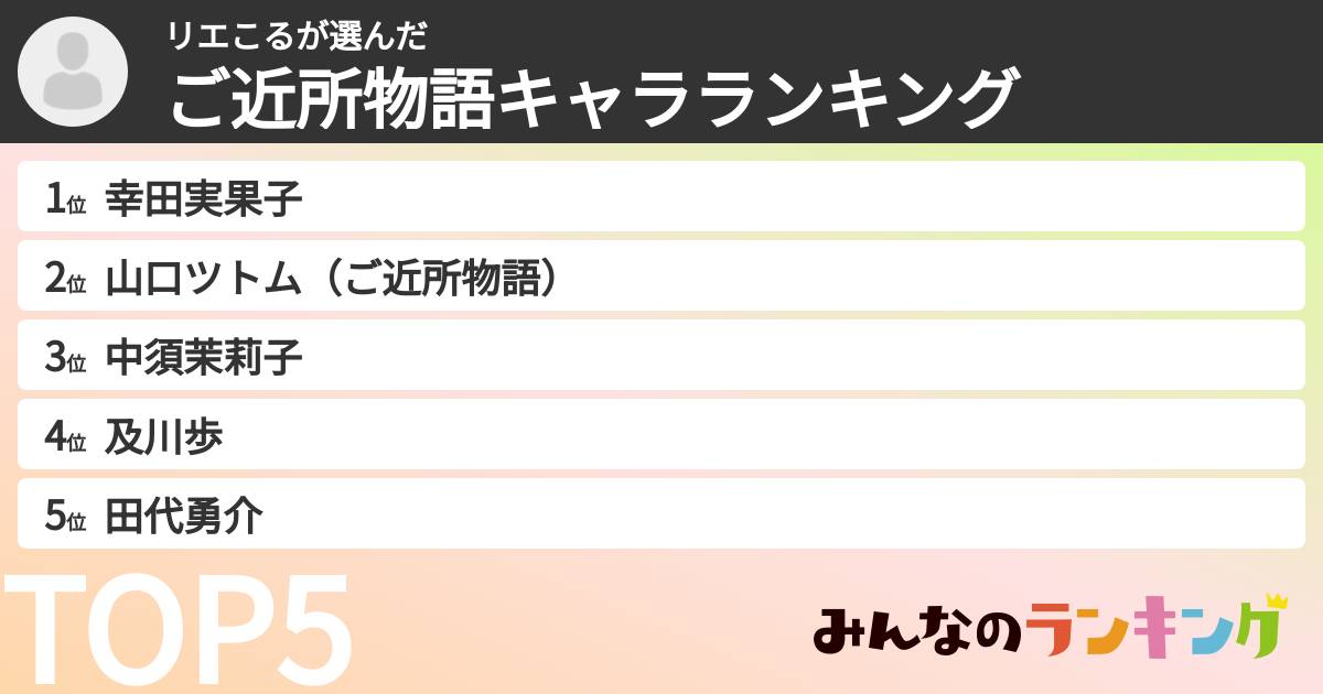 リエこるさんの「ご近所物語キャラランキング」