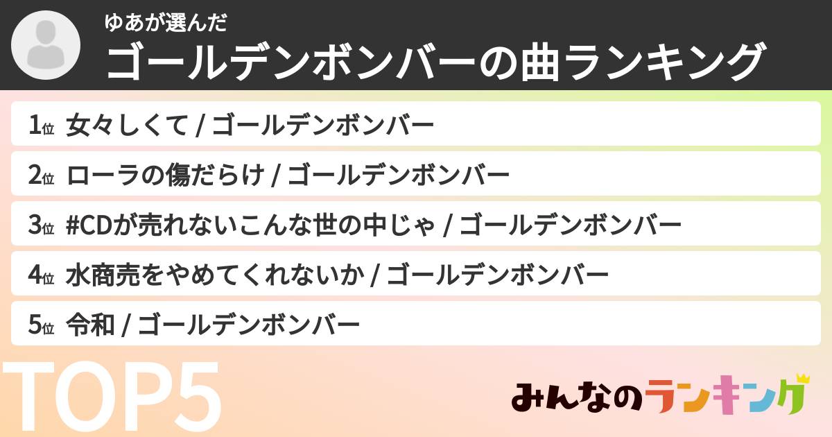 ゆあさんの「ゴールデンボンバーの曲ランキング」