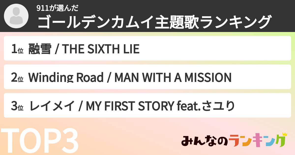 911さんの「ゴールデンカムイ主題歌ランキング」