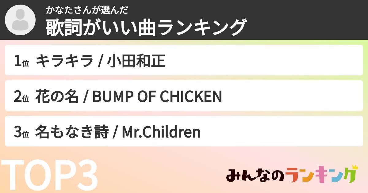 かなたさんさんの「歌詞がいい曲ランキング」