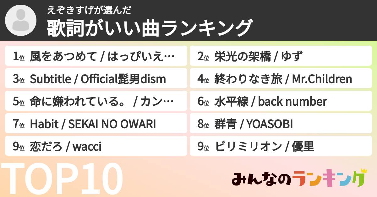えぞきすげさんの「歌詞がいい曲ランキング」