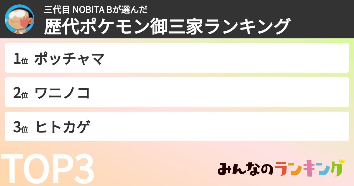 三代目 NOBITA Bさんの「歴代ポケモン御三家ランキング」