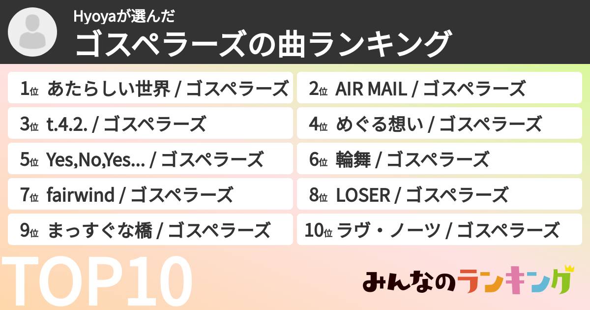 Hyoyaさんの「ゴスペラーズの曲ランキング」