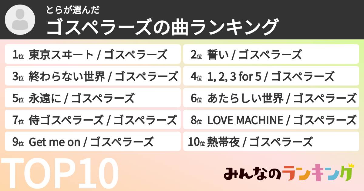 とらさんの「ゴスペラーズの曲ランキング」