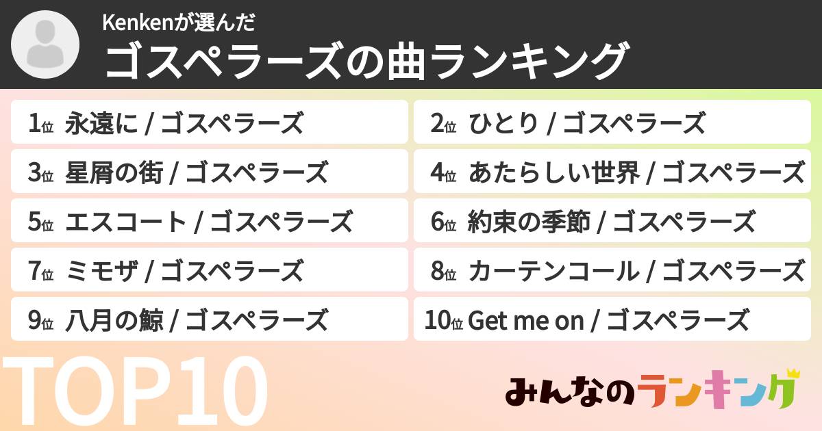 Kenkenさんの「ゴスペラーズの曲ランキング」