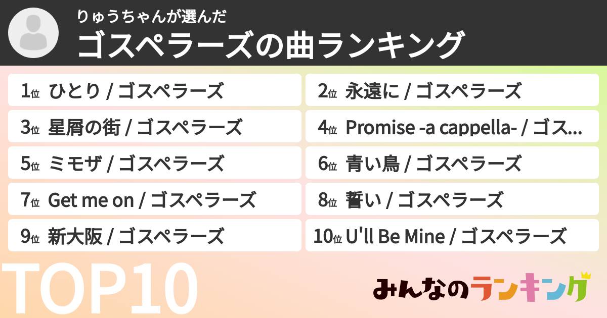 りゅうちゃんさんの「ゴスペラーズの曲ランキング」