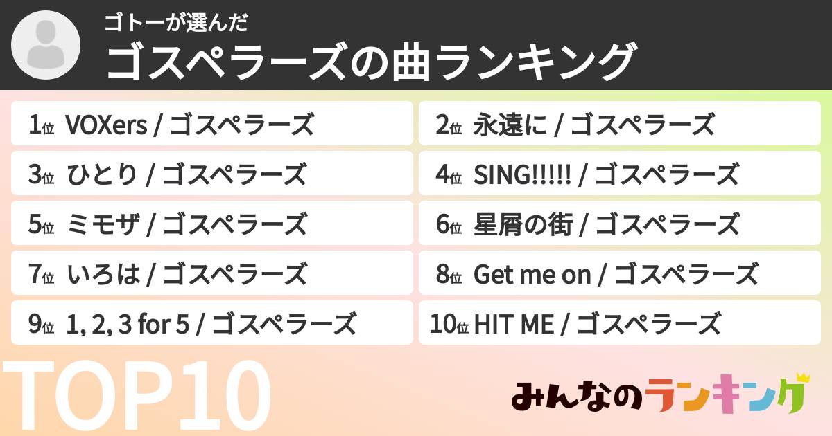 ゴトーさんの「ゴスペラーズの曲ランキング」