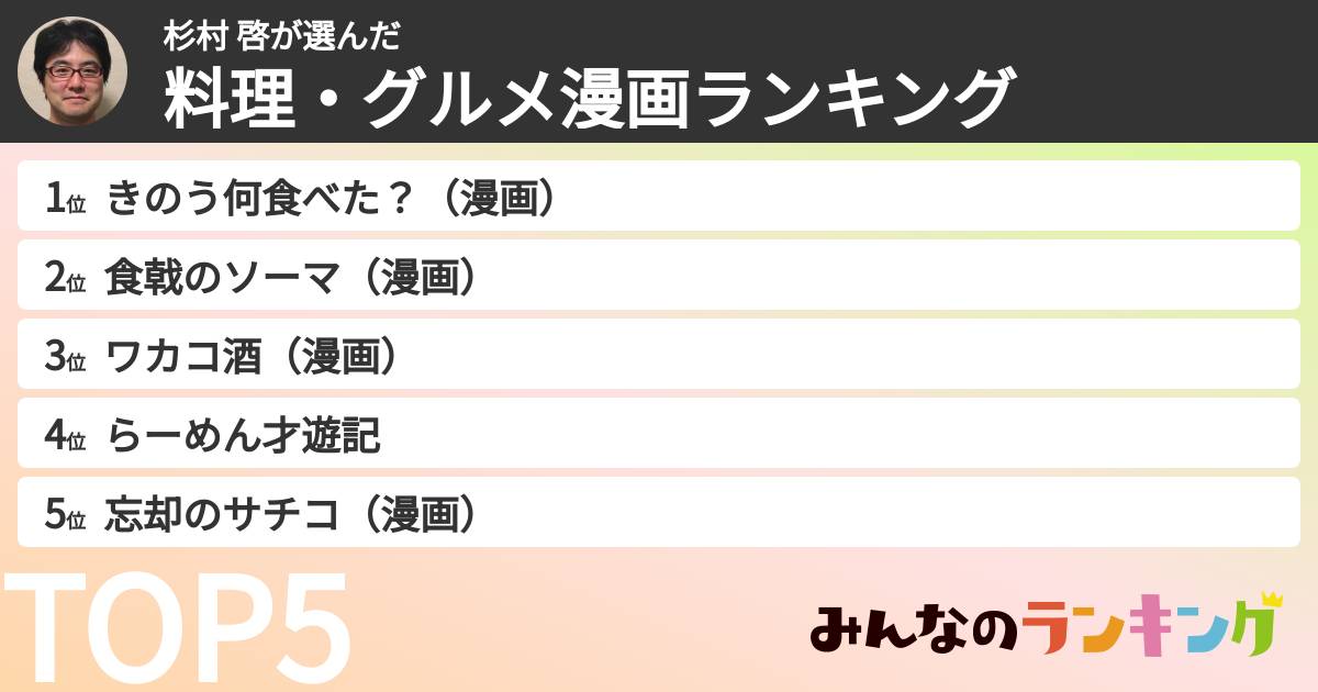 杉村 啓さんの「料理・グルメ漫画ランキング」