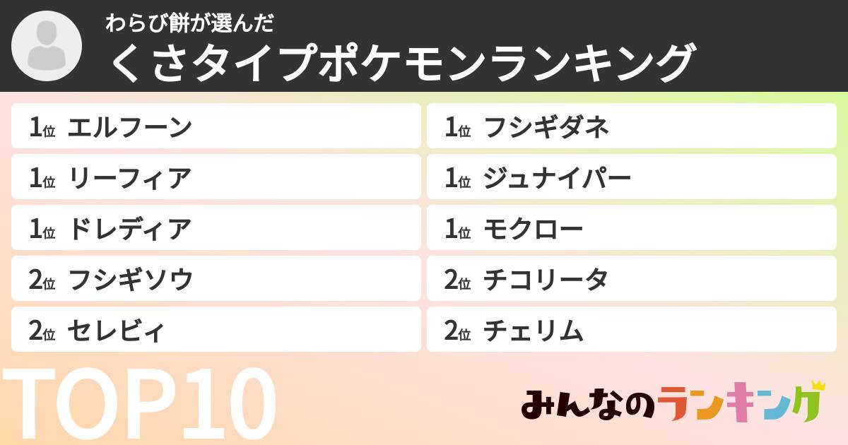 わらび餅さんの「くさタイプポケモンランキング」